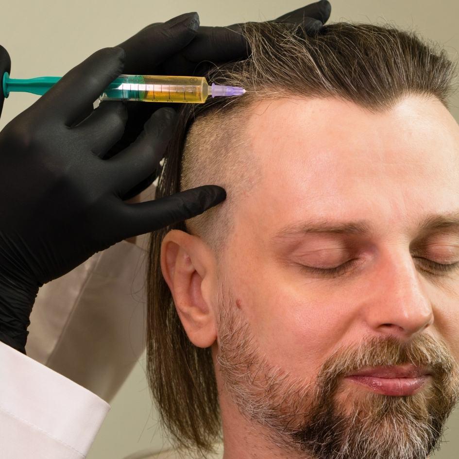 Patient receiving PRP therapy at Vibra Clinics to stimulate natural hair regrowth using platelet-rich plasma